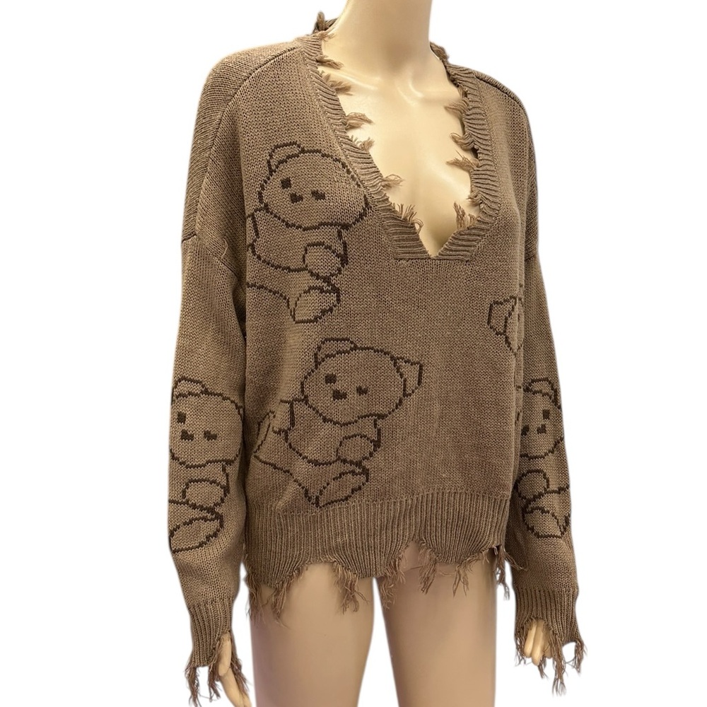 Just Polly Y2K Grunge Distressed Teddy Bear Sweater Brown Knit Womens Large